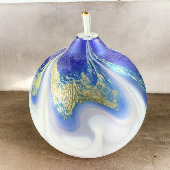 Round Iridescent Art Glass Oil Lamp Warmer Hand Made Glass Vintage Decor Used - Picture 1 of 16